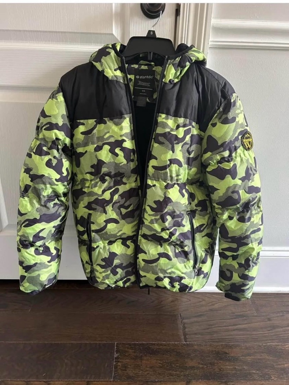 SKI JACKET Kids Neon Green Camo Puffer Ski Jacket with Hood WATERPROOF